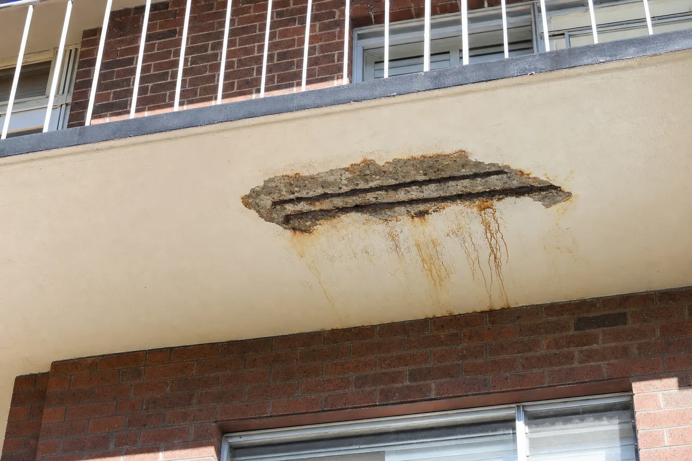 The underside of a concrete apartment balcony where a patch of render has broken away, exposing rusted reinforcing bar with rust staining running down the surrounding paint — illustrative example